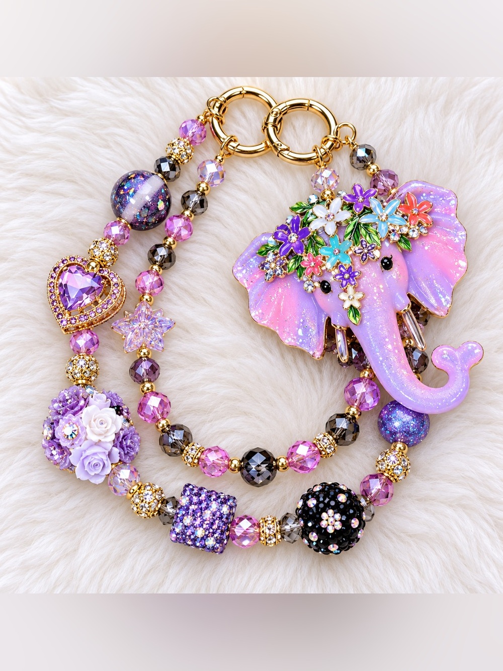Lavender Purples Floral Elephant Charm Statement bag charm Necklace Keychain